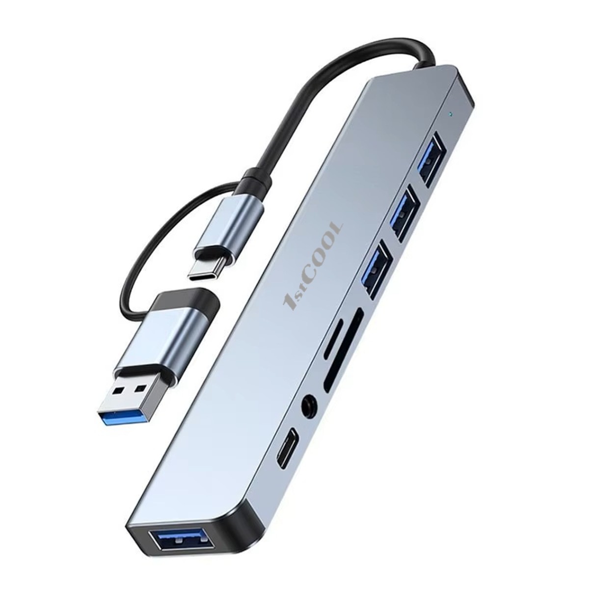 1stCOOL hliníkový USB HUB 8 in 2, USB-C / USB-A to USB3.0, USB-C, čtečka karet, audio    